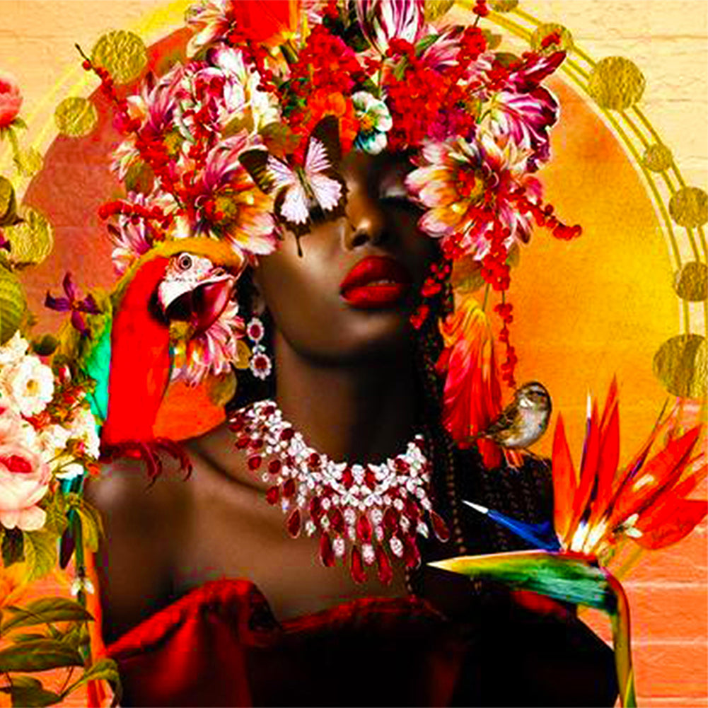 Black Woman With Flower - Full Round Drill Diamond Painting 40*40CM