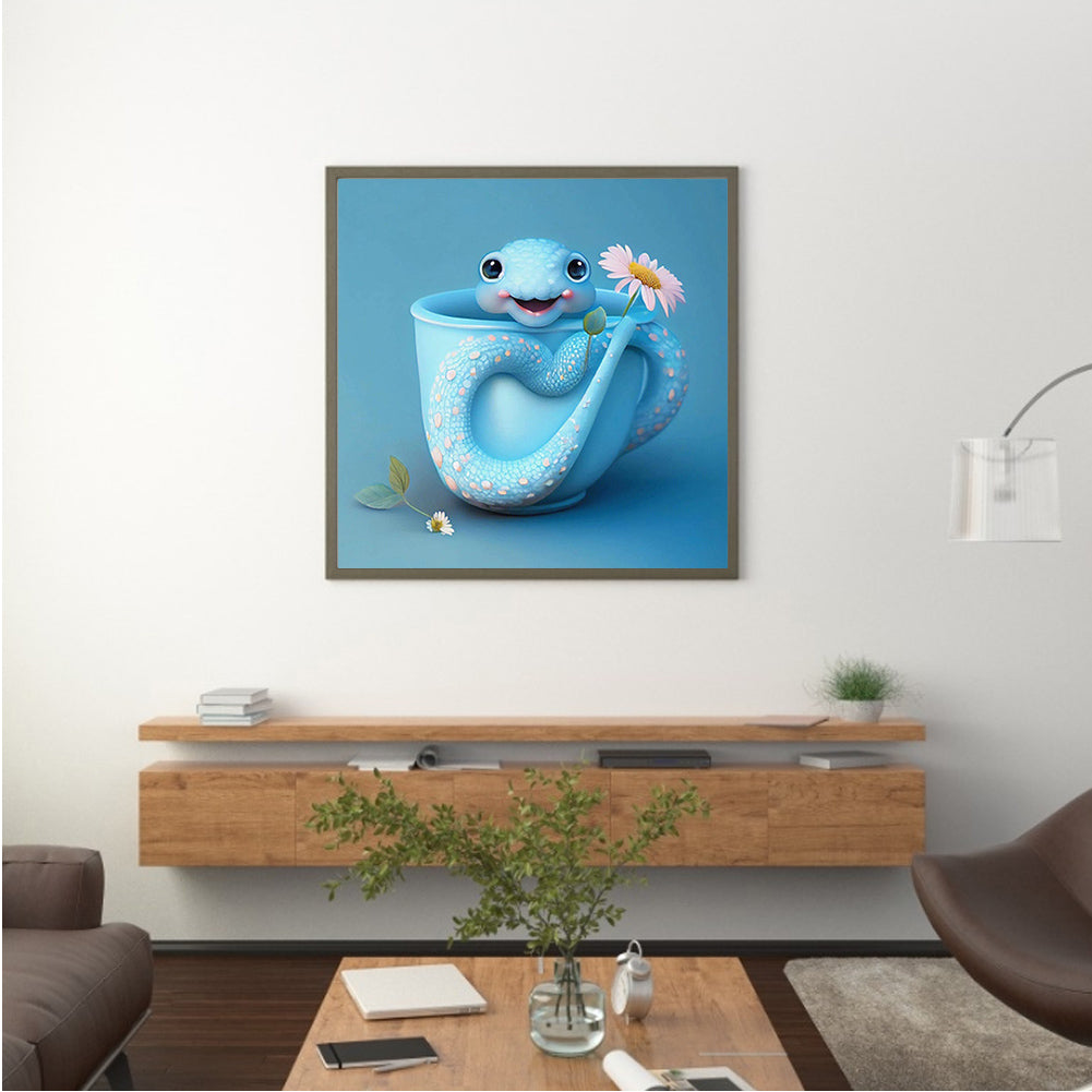 Light Blue Potted Version Of The Zodiac Snake - Full Round Drill Diamond Painting 30*30CM