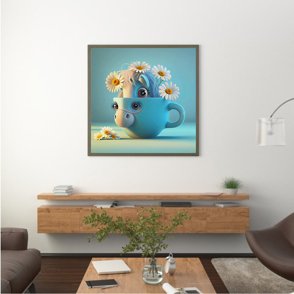 Light Blue Potted Version Of The Zodiac Horse - Full Round Drill Diamond Painting 30*30CM
