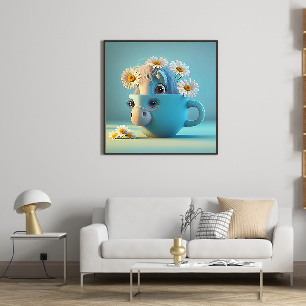 Light Blue Potted Version Of The Zodiac Horse - Full Round Drill Diamond Painting 30*30CM