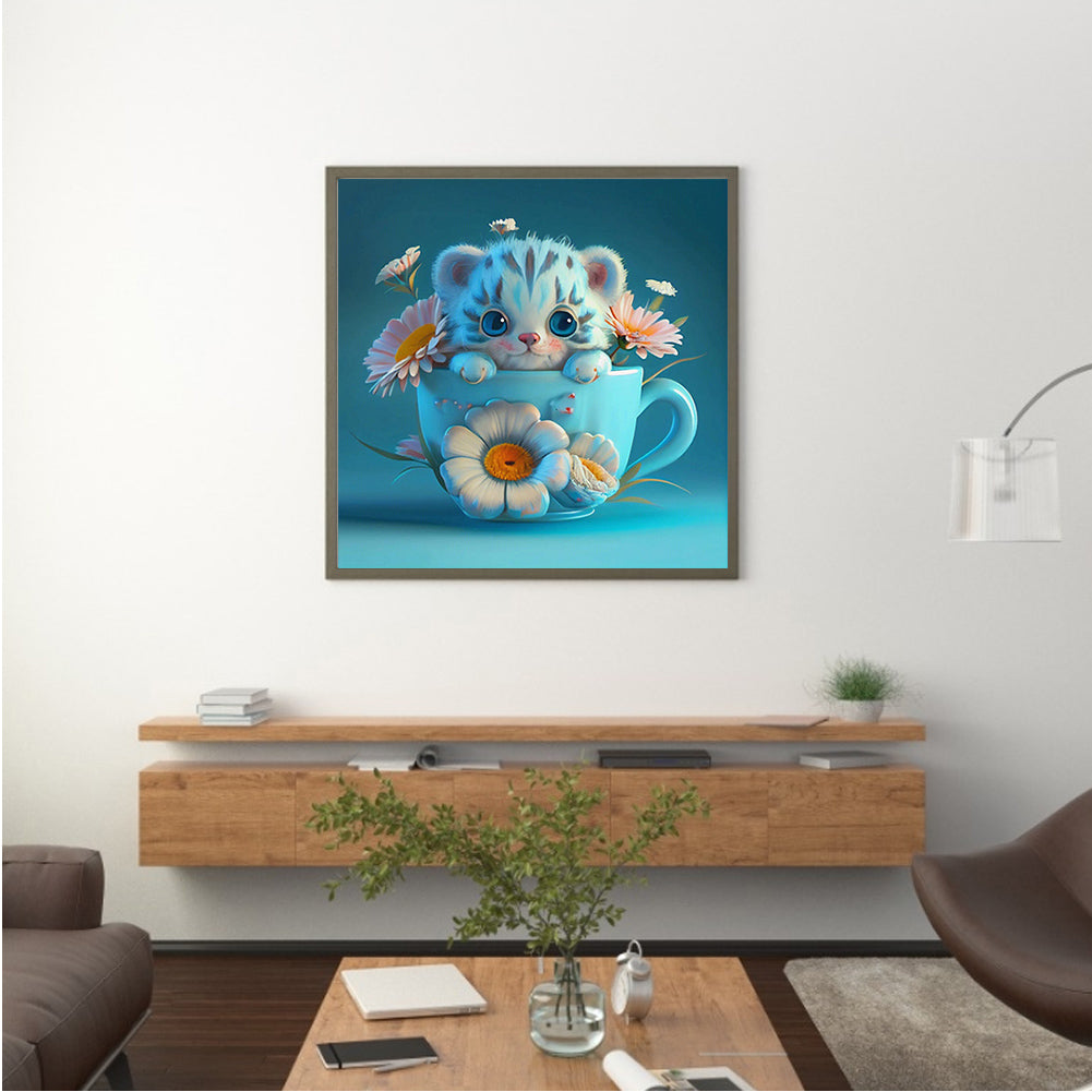 Light Blue Potted Version Of The Zodiac Tiger - Full Round Drill Diamond Painting 30*30CM