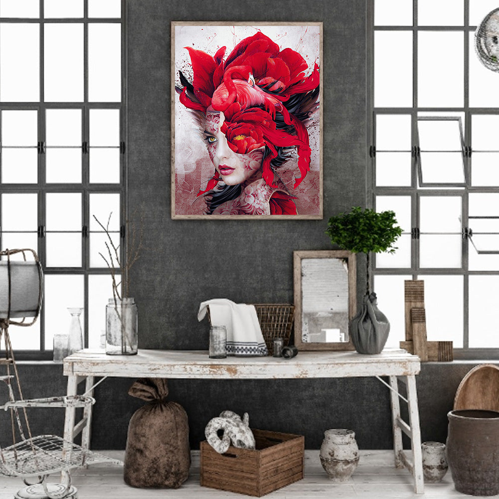 Red Parrot Woman - Full Round Drill Diamond Painting 30*40CM