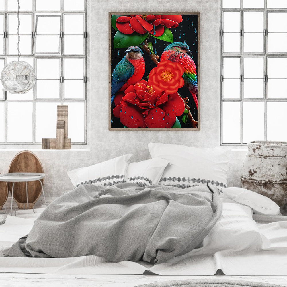 Red Flower Parrot - Full Round Drill Diamond Painting 30*40CM