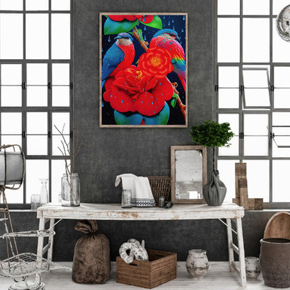 Red Flower Parrot - Full Round Drill Diamond Painting 30*40CM