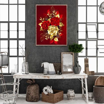 Golden Red Rose - Full Square Drill Diamond Painting 50*60CM