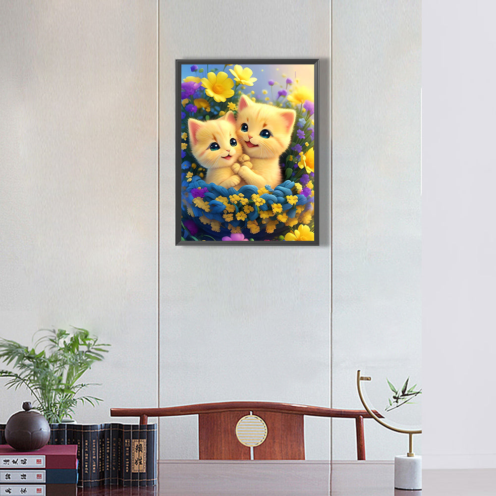 Cat In The Flowers - Full Round Drill Diamond Painting 30*40CM