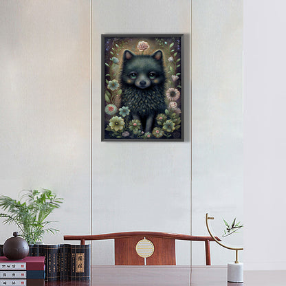 Little Black Dog In Flowers - Full Round Drill Diamond Painting 30*40CM