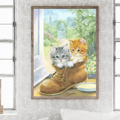 Two Kittens Hiding In Shoes - Full Round Drill Diamond Painting 30*40CM