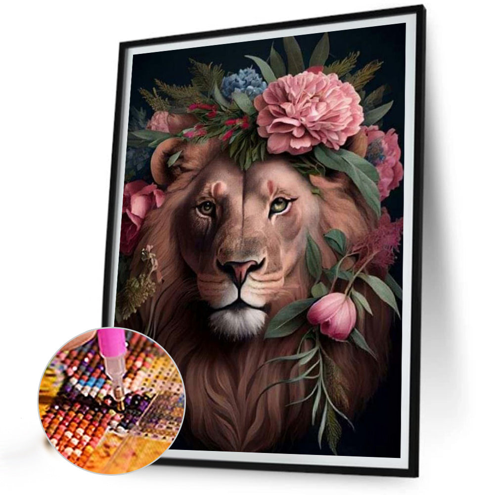 Flower And Lion - Full Round Drill Diamond Painting 30*40CM