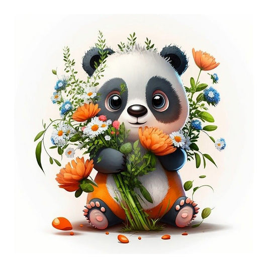 Panda Preparing For Flower Arrangement - Full Round Drill Diamond Painting 30*30CM
