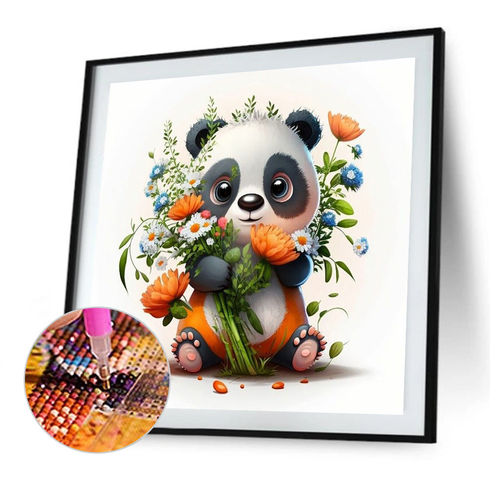 Panda Preparing For Flower Arrangement - Full Round Drill Diamond Painting 30*30CM