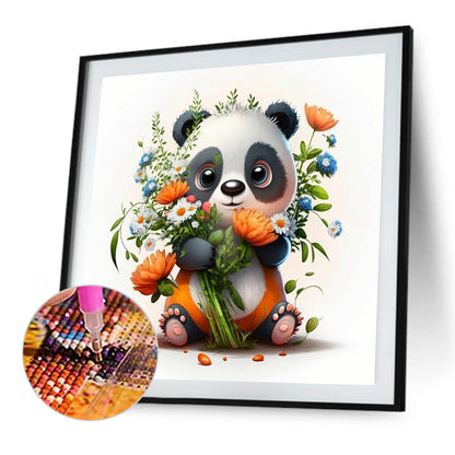 Panda Preparing For Flower Arrangement - Full Round Drill Diamond Painting 30*30CM