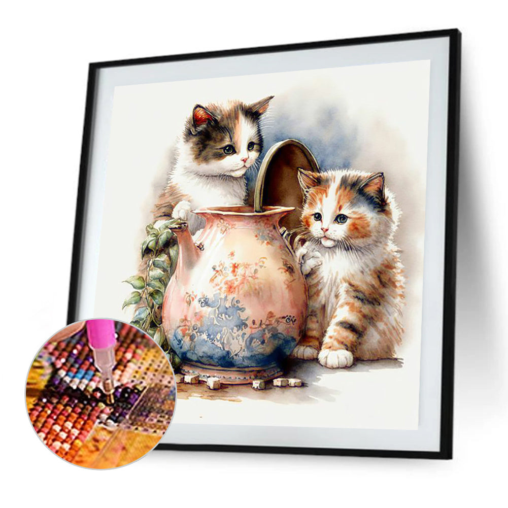 Two Kittens Digging Out A Jar - Full Round Drill Diamond Painting 30*30CM