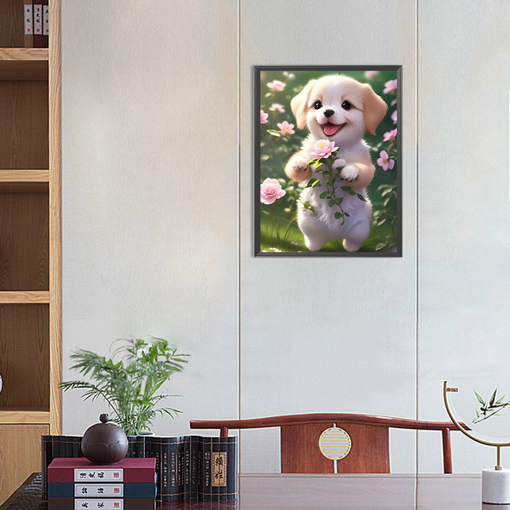 Dog Picking Flowers - Full Round Drill Diamond Painting 30*40CM