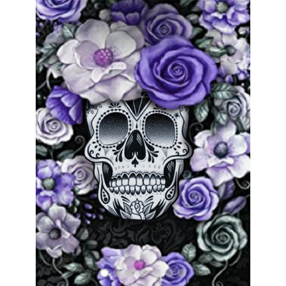 Skull Under Purple Flowers - Full Round Drill Diamond Painting 30*40CM