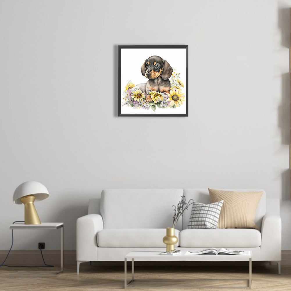 Dog Resting In Flowers - Full Round Drill Diamond Painting 30*30CM