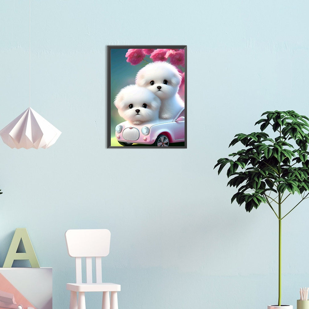 Pink Dog And Car - Full Round Drill Diamond Painting 30*40CM
