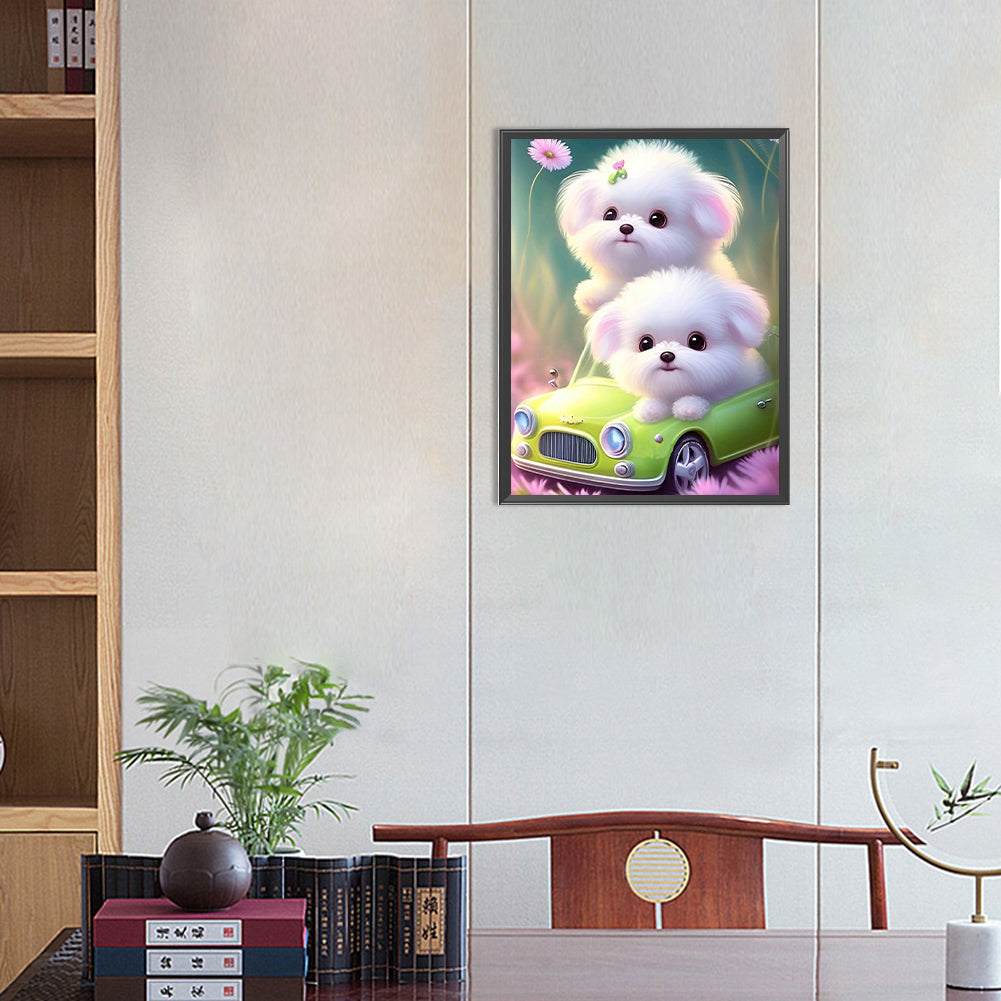 Pink Dog And Car - Full Round Drill Diamond Painting 30*40CM