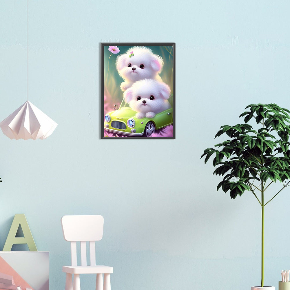 Pink Dog And Car - Full Round Drill Diamond Painting 30*40CM