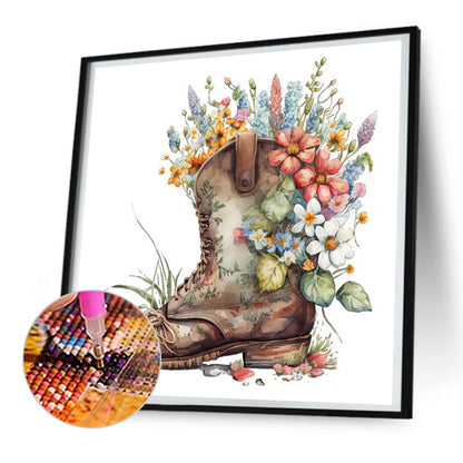 Watercolor Style Boots Flowers - Full Round Drill Diamond Painting 30*30CM