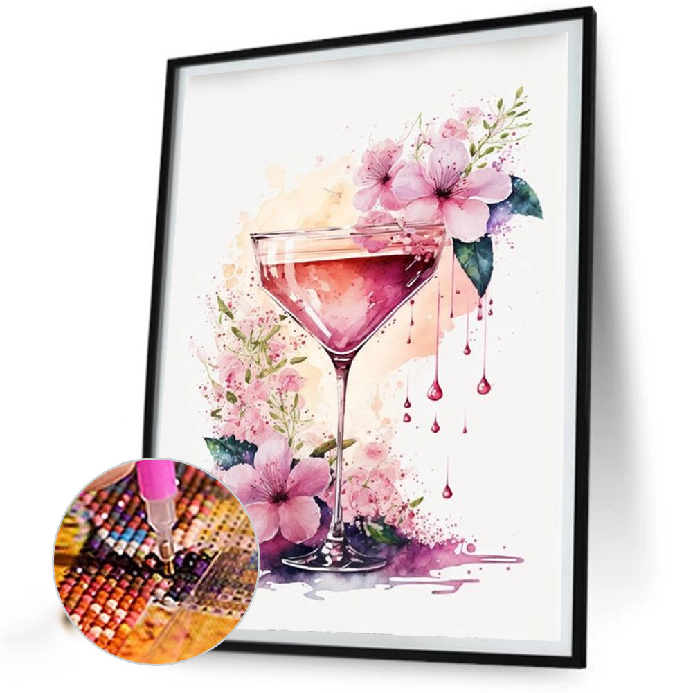 Watercolor Flower Wine Glass - Full Round Drill Diamond Painting 30*40CM