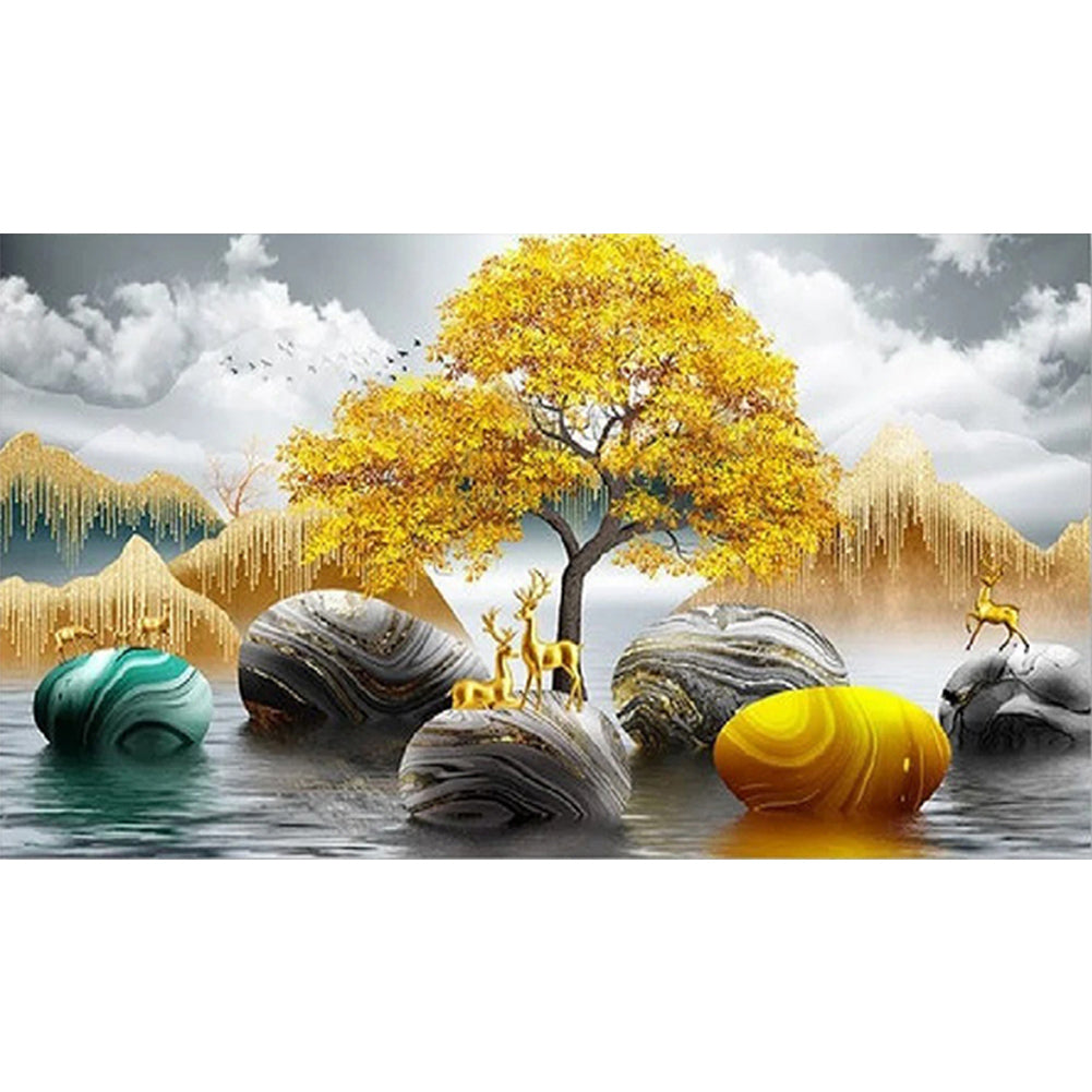 Golden Deer Ginkgo Leaf - Full Round Drill Diamond Painting 70*40CM