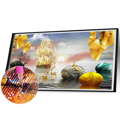 Golden Deer Ginkgo Leaf - Full Round Drill Diamond Painting 70*40CM