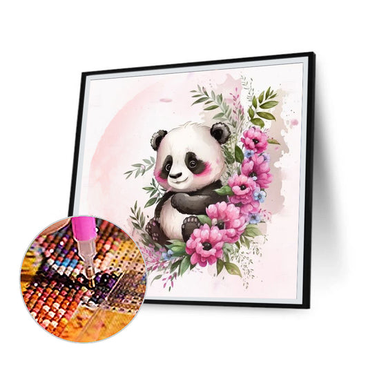 Panda Lying On Pink Flower - Full Round Drill Diamond Painting 30*30CM