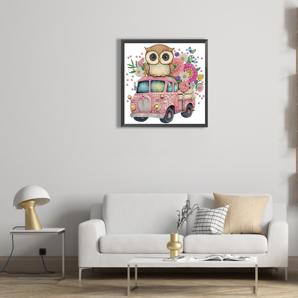 Pink Owl Car - Special Shaped Drill Diamond Painting 30*30CM