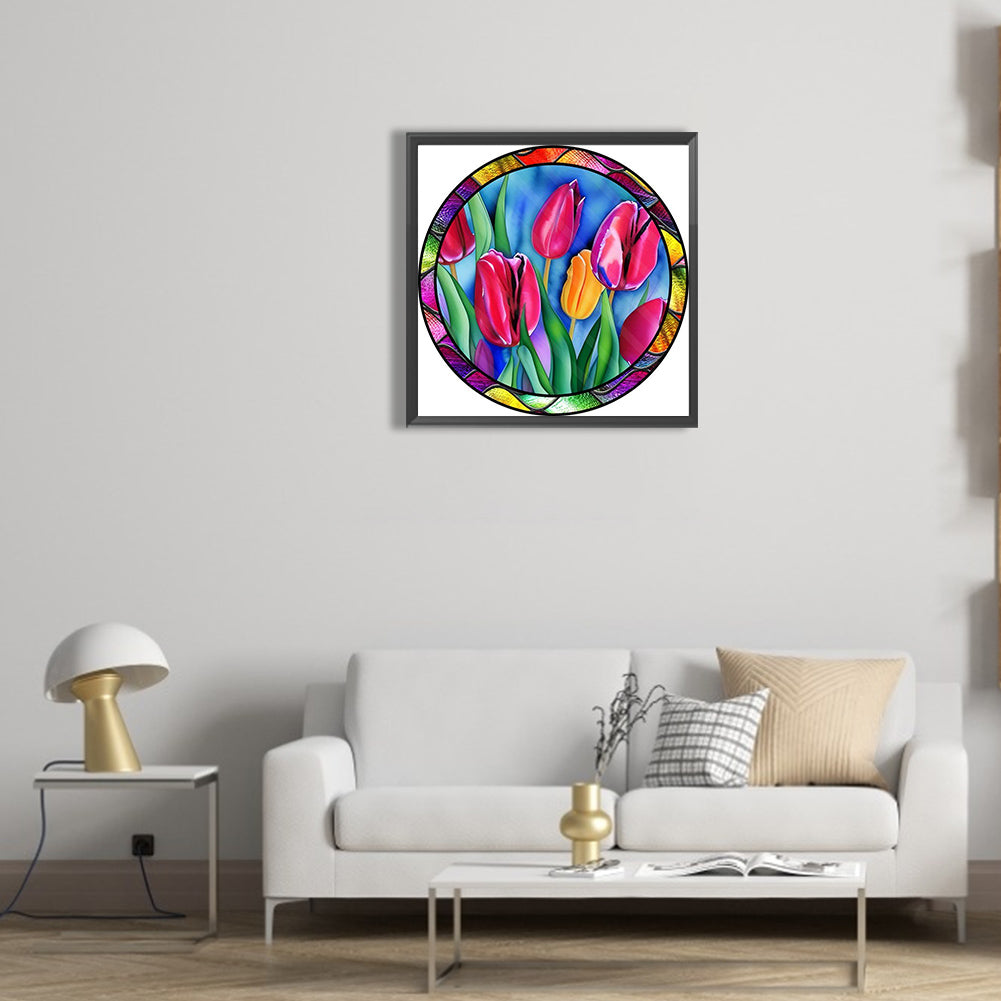 Round Plate Glass Painting Tulips - Full Round Drill Diamond Painting 30*30CM