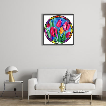 Round Plate Glass Painting Tulips - Full Round Drill Diamond Painting 30*30CM