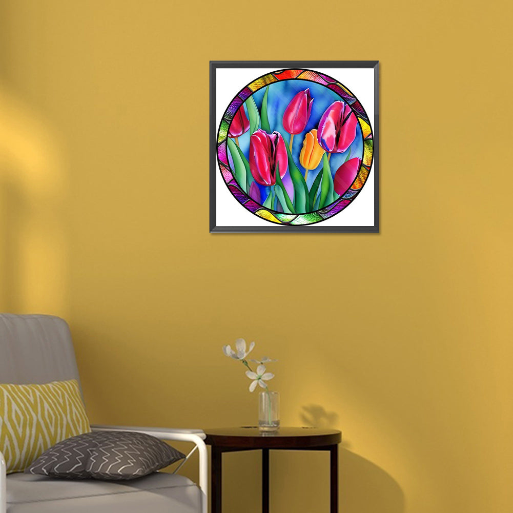 Round Plate Glass Painting Tulips - Full Round Drill Diamond Painting 30*30CM