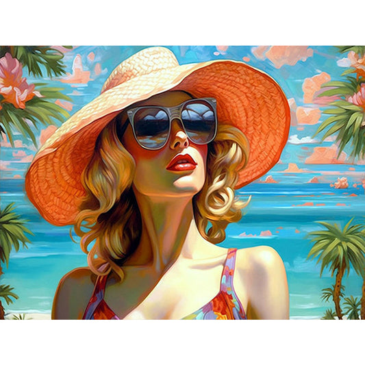 Woman In Hat - Full Round Drill Diamond Painting 40*30CM