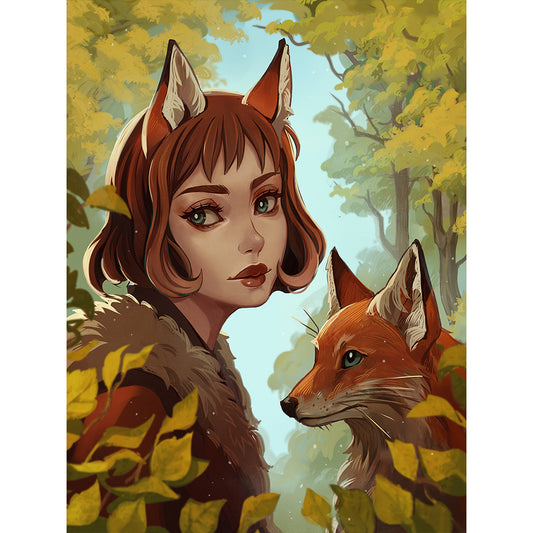 The Girl With Fox Ears And The Fox - Full Round Drill Diamond Painting 30*40CM