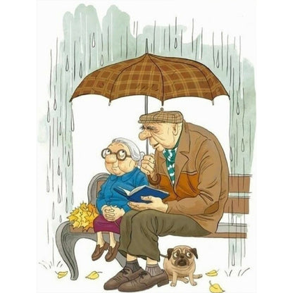 Elderly Couple Dating In The Rain - Full Round Drill Diamond Painting 30*40CM