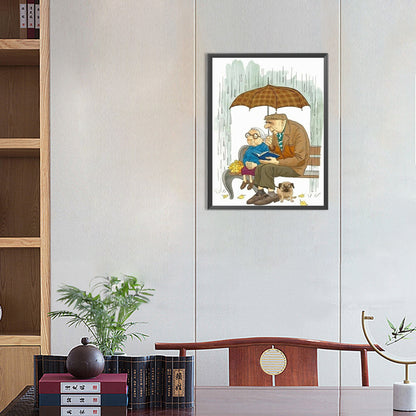 Elderly Couple Dating In The Rain - Full Round Drill Diamond Painting 30*40CM