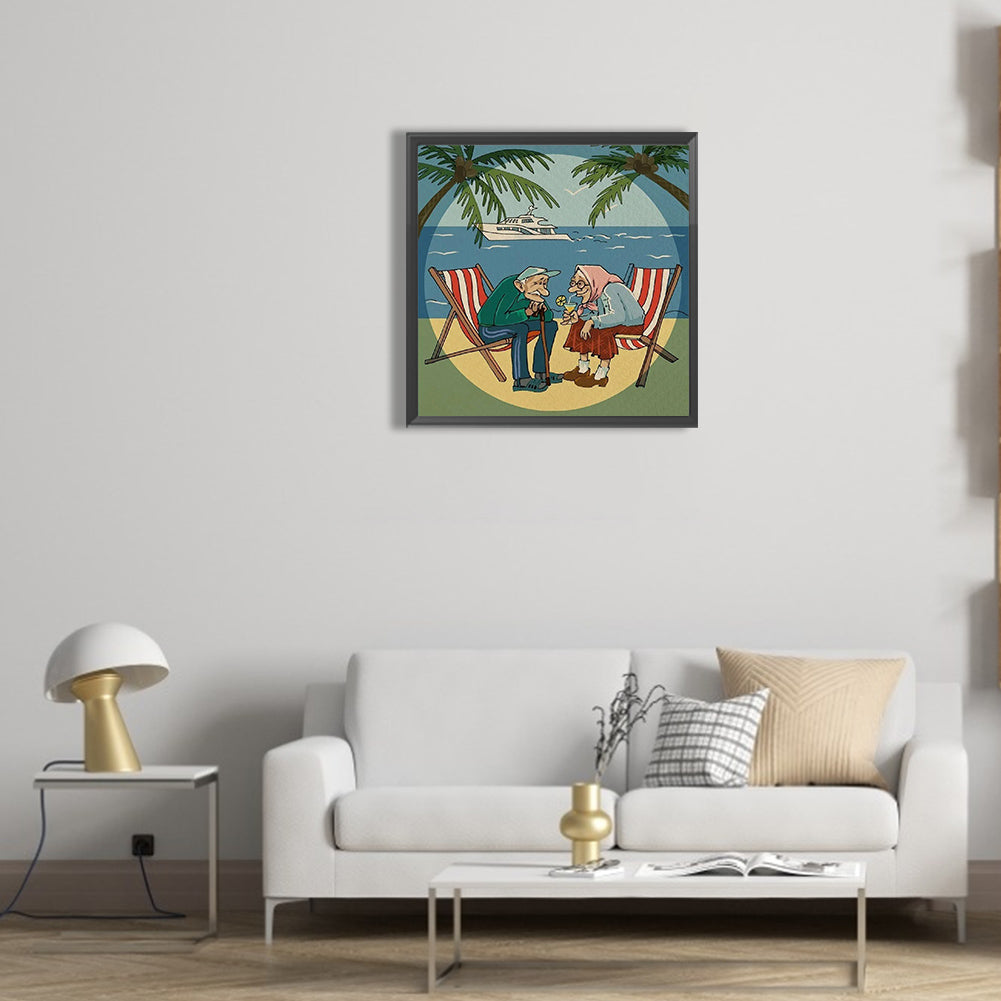 Elderly Couple Sitting On Beach Chairs - Full Round Drill Diamond Painting 30*30CM