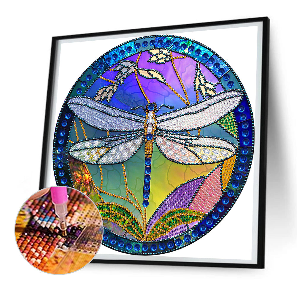 Dragonfly Painted On Round Plate Glass - Special Shaped Drill Diamond Painting 30*30CM