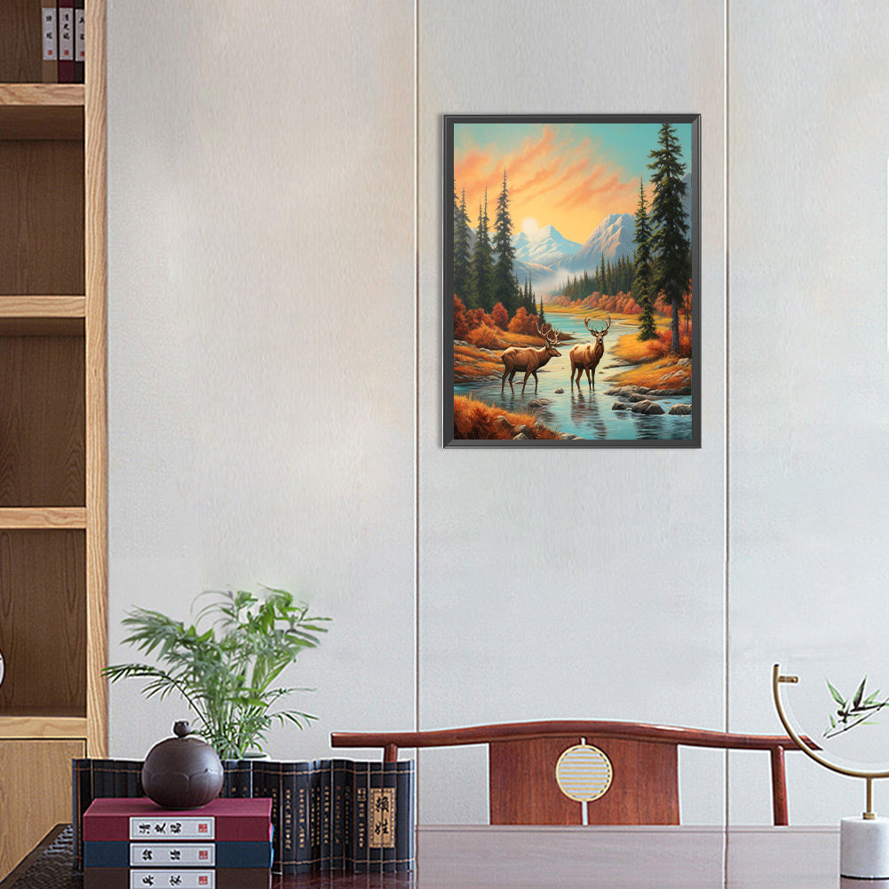 Deer In The River - Full Round Drill Diamond Painting 30*40CM