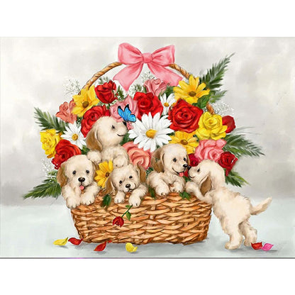 Flower Basket Puppy - Full Round Drill Diamond Painting 40*30CM
