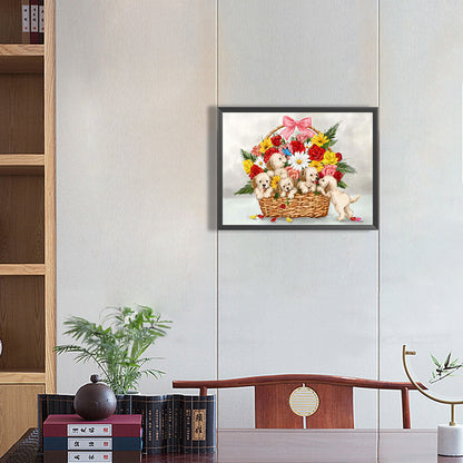 Flower Basket Puppy - Full Round Drill Diamond Painting 40*30CM
