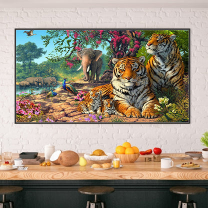 Zoo Tiger Elephant Peacock - Full Round Drill Diamond Painting 75*40CM