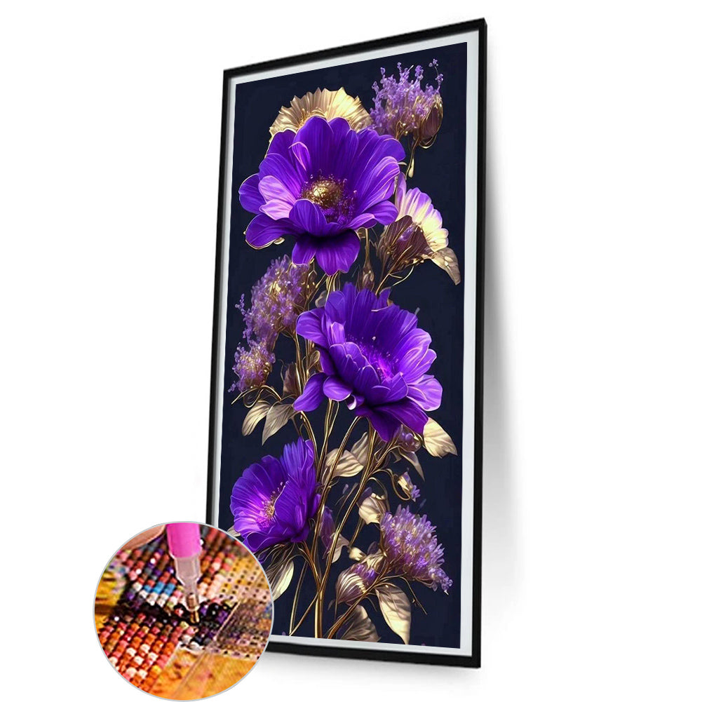 Purple Flowers On Black Background - Full Round Drill Diamond Painting 40*80CM