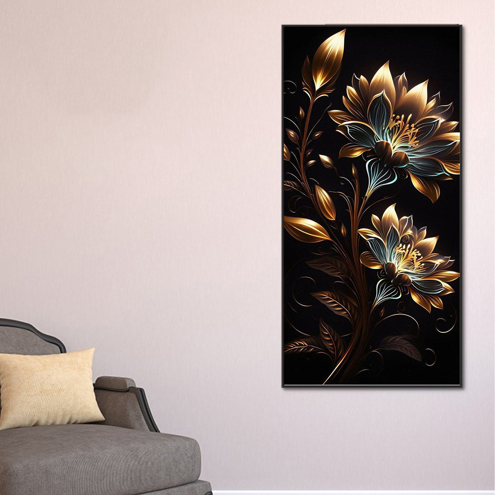 Golden Flowers On Black Background - Full Round Drill Diamond Painting 40*80CM