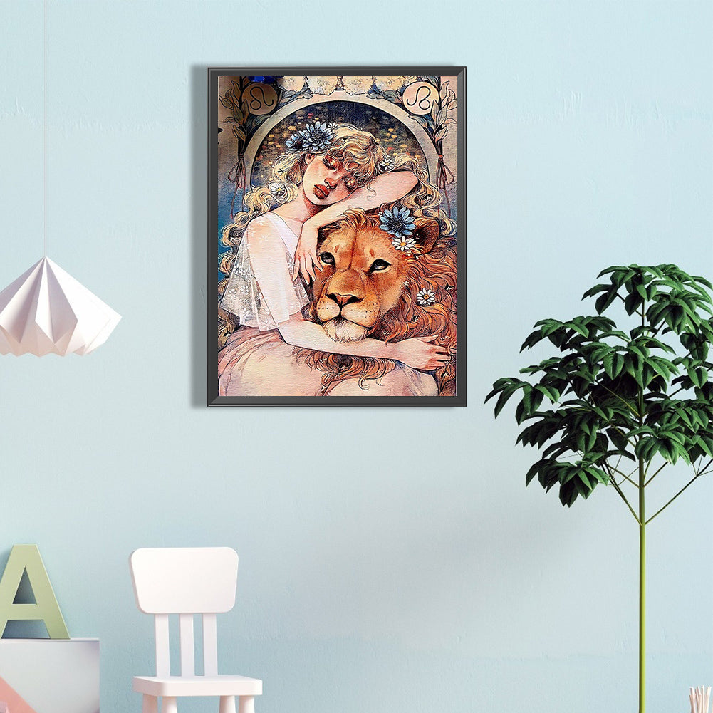 Girl And Lion - Full Round Drill Diamond Painting 40*60CM