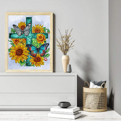 Sunflower Cross - Special Shaped Drill Diamond Painting 30*40CM
