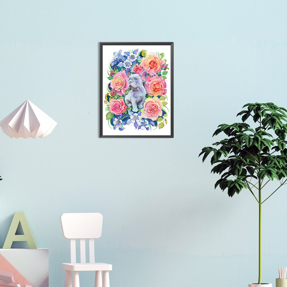 Puppy Surrounded By Flowers - Full Round Drill Diamond Painting 30*40CM