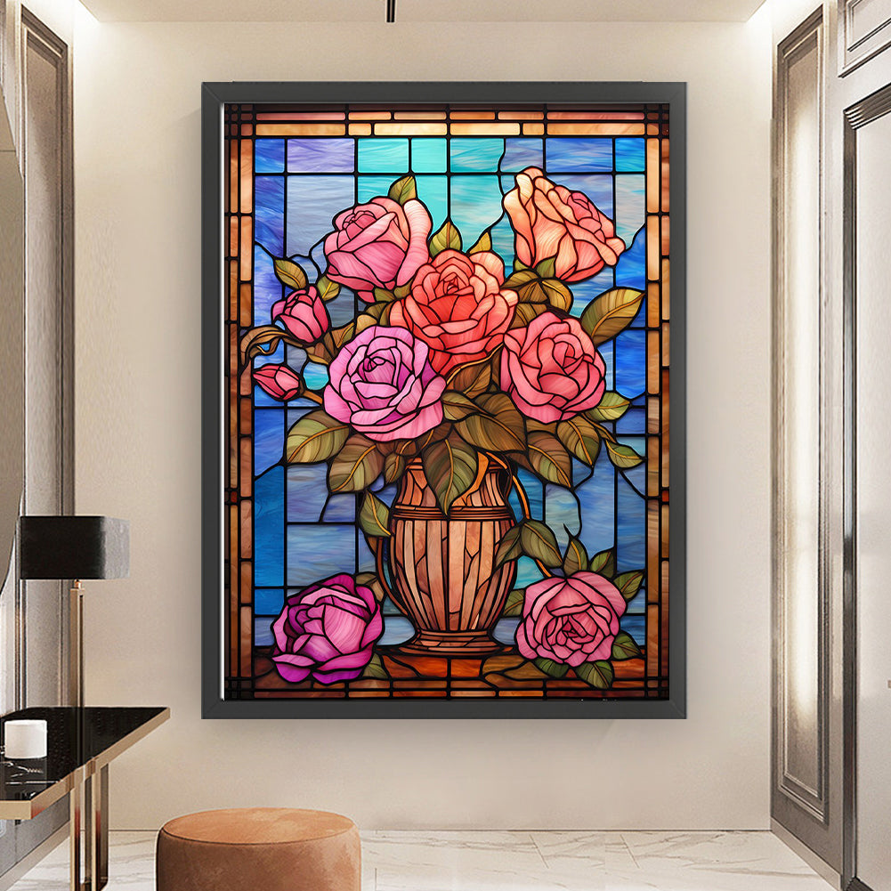 Glass Painting-Pink Rose - 11CT Stamped Cross Stitch 50*65CM