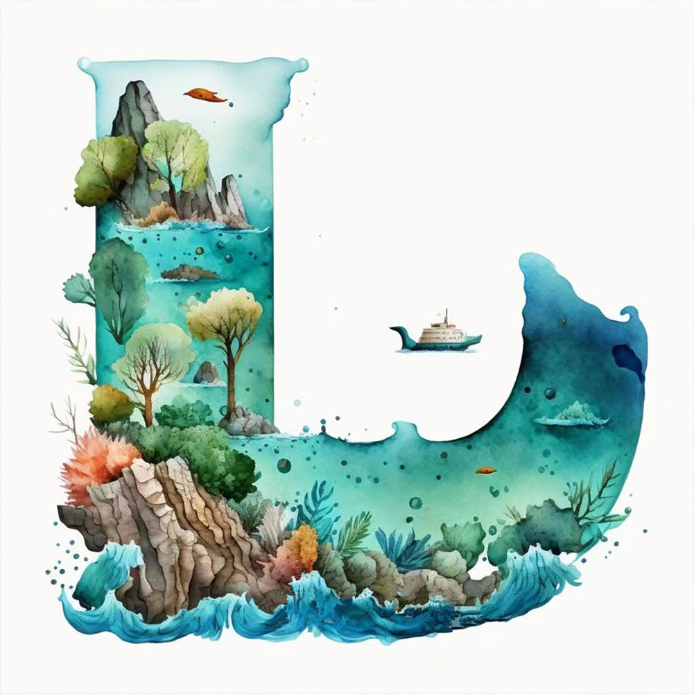 Blue Ocean Love Calligraphy And Painting - Full Round Drill Diamond Painting 30*30CM