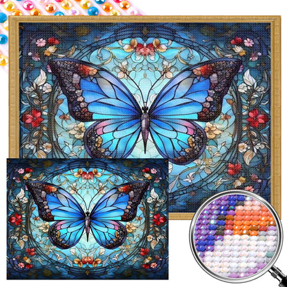 Blue Butterfly Glass Painting - AB Round Drill Diamond Painting 45*40CM